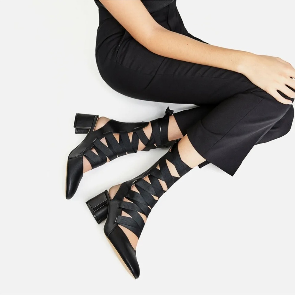 GENUINE Zara NEW Black Lace-Up High-Heel Slingbacks Ballerinas